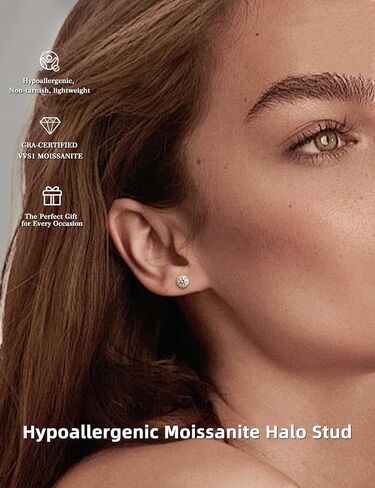 Moissanite Halo Earrings for Women & Men, 1.0-2.0ct, 925 Sterling Silver, 18K White Gold Plated, VVS1 Round Lab-Created Moissanite Stud, Hypoallergenic & Durable, Friction Back Post Earring in Kuwait