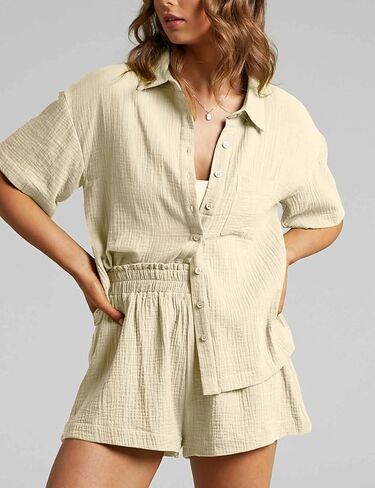 Flygo Womens Casual 2 Piece Outfits Cotton Linen Sets Button Down Shirt Shorts Resort Wear 2025 Pajama Beach Coverup Set in Kuwait