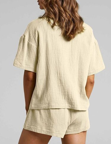 Flygo Womens Casual 2 Piece Outfits Cotton Linen Sets Button Down Shirt Shorts Resort Wear 2025 Pajama Beach Coverup Set in Kuwait