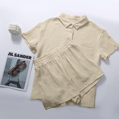 Flygo Womens Casual 2 Piece Outfits Cotton Linen Sets Button Down Shirt Shorts Resort Wear 2025 Pajama Beach Coverup Set in Kuwait