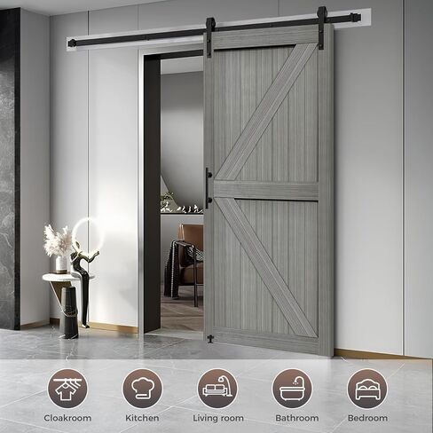 S&Z TOPHAND® 32in x 84in MDF Light Gray Barn Door,Solid Barn Door Slab Covered with Water-Proof PVC Surface, Simple Assembly is Required in Kuwait