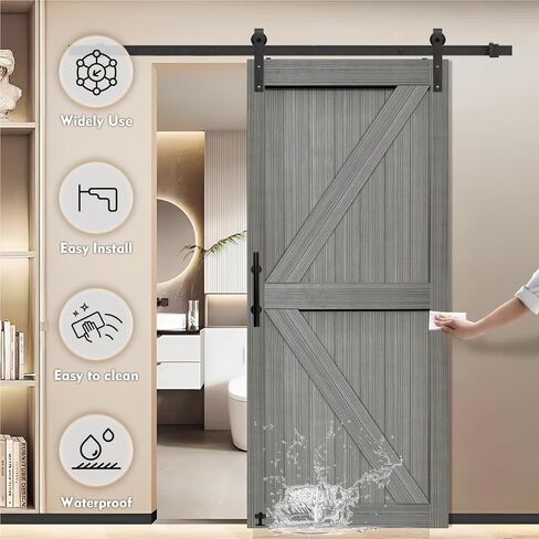 S&Z TOPHAND® 32in x 84in MDF Light Gray Barn Door,Solid Barn Door Slab Covered with Water-Proof PVC Surface, Simple Assembly is Required in Kuwait