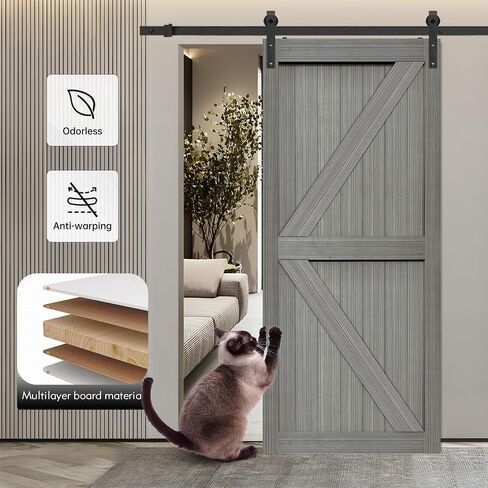 S&Z TOPHAND® 32in x 84in MDF Light Gray Barn Door,Solid Barn Door Slab Covered with Water-Proof PVC Surface, Simple Assembly is Required in Kuwait