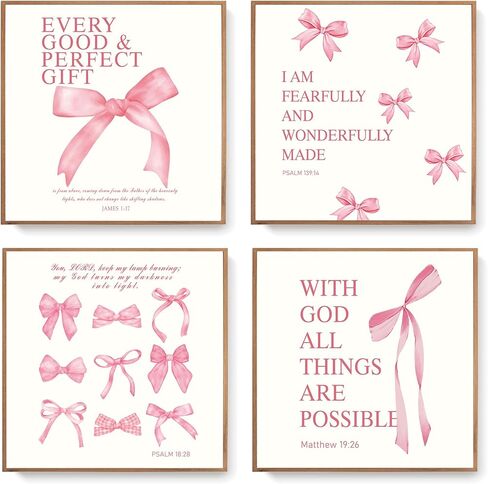 LARTSFRO Coquette Pink Bow Wall Art Decor Posters, Pink Bow Room Bedroom Bathroom Wall Art Decor Aesthetic for Teen Girls Gifts, Inspirational Bible Verses Bow Wall Decor, 10x8 Inch Set of 4 Bow Pictures (UNFRAMED) in Kuwait