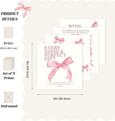 LARTSFRO Coquette Pink Bow Wall Art Decor Posters, Pink Bow Room Bedroom Bathroom Wall Art Decor Aesthetic for Teen Girls Gifts, Inspirational Bible Verses Bow Wall Decor, 10x8 Inch Set of 4 Bow Pictures (UNFRAMED) in Kuwait