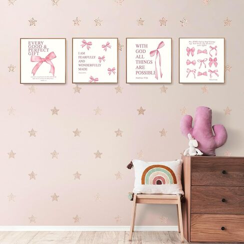 LARTSFRO Coquette Pink Bow Wall Art Decor Posters, Pink Bow Room Bedroom Bathroom Wall Art Decor Aesthetic for Teen Girls Gifts, Inspirational Bible Verses Bow Wall Decor, 10x8 Inch Set of 4 Bow Pictures (UNFRAMED) in Kuwait