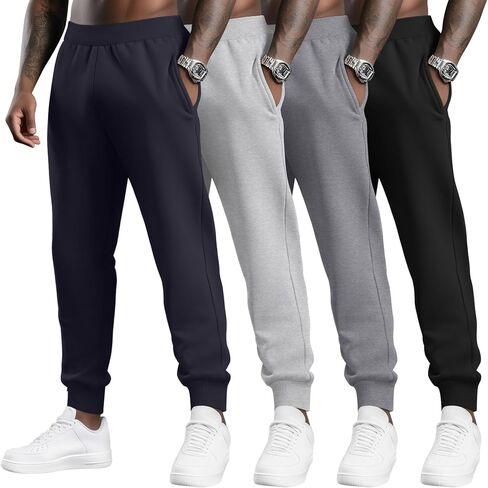 4 Pack Men's Sweatpants Casual Ribbed Tapered Athletic Baggy Joggers Workout Lightweight Track Pants with Pockets in Saudi Arabia