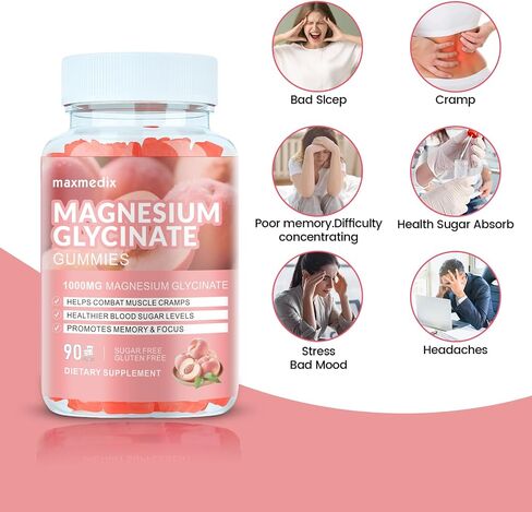 Magnesium Gummies 1000mg -Magnesium Glycinate Supplement and Magnesium L-Threonate Gummy,Sugar Free Magnesium Potassium Supplement for Calm Mood, Muscle, Bone & Sleep Support 90 Raspberry Gummies in Saudi Arabia