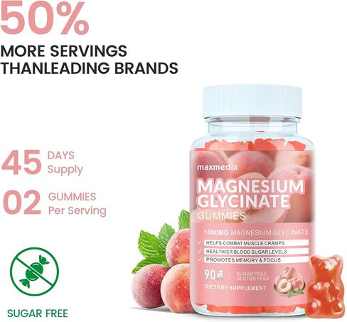 Magnesium Gummies 1000mg -Magnesium Glycinate Supplement and Magnesium L-Threonate Gummy,Sugar Free Magnesium Potassium Supplement for Calm Mood, Muscle, Bone & Sleep Support 90 Raspberry Gummies in Saudi Arabia