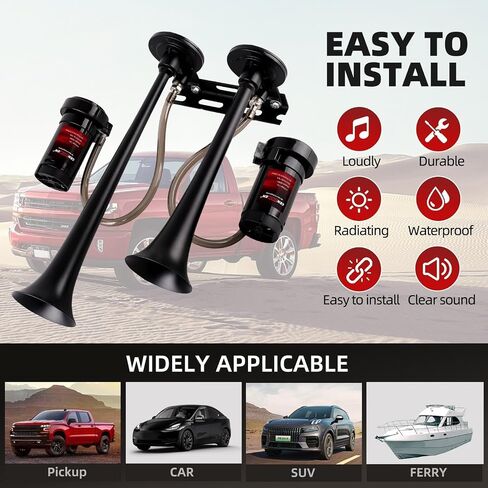 Air Horn for truck horn kit, ultra loud dB. The Air horn with two 120 PSI Air compressor is suitable for pickup/motorhome/SUV/truck/train 12V 150db and other vehicles (silvery with button) in Saudi Arabia