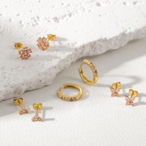 20G Gold Studs Earrings for Women,14K Gold Plated Sterling Silver Hypoallergenic Butterfly Earrings for Women,4 Pairs Flower/Butterfly/Cubic Zirconia Cute Earring and Trendy Huggie Hoop Dainty Multipack Earring Sets in Kuwait