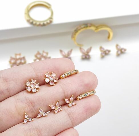 20G Gold Studs Earrings for Women,14K Gold Plated Sterling Silver Hypoallergenic Butterfly Earrings for Women,4 Pairs Flower/Butterfly/Cubic Zirconia Cute Earring and Trendy Huggie Hoop Dainty Multipack Earring Sets in Kuwait