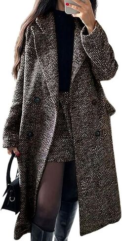 chouyatou Women's Winter Casual Herringbone Wool Coat Double Breasted Notch Collar Dressy Long Trench Coat in Saudi Arabia