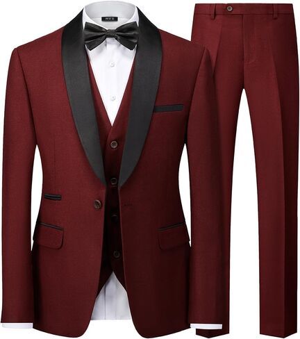 MY'S Mens 3-Piece Suit Shawl Lapel One Button Tuxedo Slim Fit Dinner Jacket Vest Pants & Tie Set in Kuwait