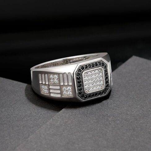 Mens Wedding Band Pave 5A Black and White Cubic Zirconia 925 Sterling Silver Round Cut 14K White Gold Plated Promise Ring For Him Size 7-14 in Kuwait