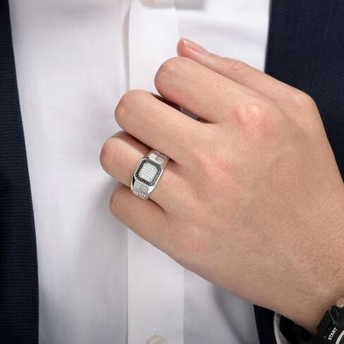 Mens Wedding Band Pave 5A Black and White Cubic Zirconia 925 Sterling Silver Round Cut 14K White Gold Plated Promise Ring For Him Size 7-14 in Kuwait