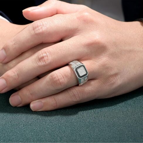 Mens Wedding Band Pave 5A Black and White Cubic Zirconia 925 Sterling Silver Round Cut 14K White Gold Plated Promise Ring For Him Size 7-14 in Kuwait