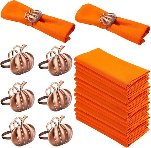 Honeydak Set of 6 Fall Thanksgiving Day Cotton Orange Cloth Napkin and Metal Pumpkin Napkin Ring Holders Party Table Decor for Thanksgiving Day Halloween Dinner Kitchen Party Family Gatherings in Saudi Arabia