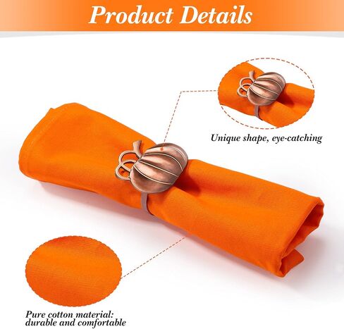 Honeydak Set of 6 Fall Thanksgiving Day Cotton Orange Cloth Napkin and Metal Pumpkin Napkin Ring Holders Party Table Decor for Thanksgiving Day Halloween Dinner Kitchen Party Family Gatherings in Saudi Arabia