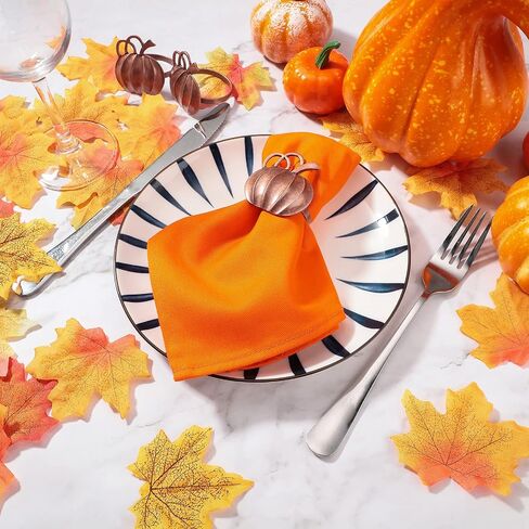 Honeydak Set of 6 Fall Thanksgiving Day Cotton Orange Cloth Napkin and Metal Pumpkin Napkin Ring Holders Party Table Decor for Thanksgiving Day Halloween Dinner Kitchen Party Family Gatherings in Saudi Arabia