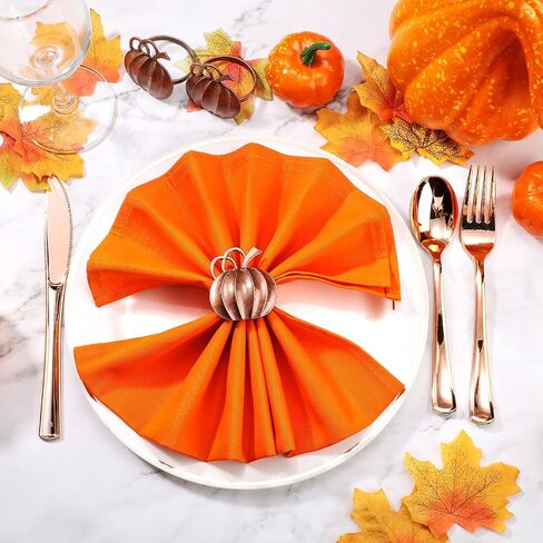Honeydak Set of 6 Fall Thanksgiving Day Cotton Orange Cloth Napkin and Metal Pumpkin Napkin Ring Holders Party Table Decor for Thanksgiving Day Halloween Dinner Kitchen Party Family Gatherings in Saudi Arabia