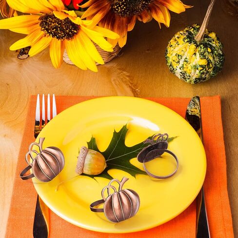 Honeydak Set of 6 Fall Thanksgiving Day Cotton Orange Cloth Napkin and Metal Pumpkin Napkin Ring Holders Party Table Decor for Thanksgiving Day Halloween Dinner Kitchen Party Family Gatherings in Saudi Arabia