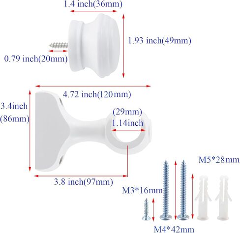 Antrader 2Pcs Finials for Curtain Rods and 2Pcs Wood Curtain Rod Brackets,Wood Curtain Rod Finials and Window Curtain Hooks for Curtain Rod,White in Saudi Arabia