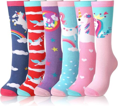 6 Pairs Kids Girls Knee High Socks Cotton Unicorn Crew Cute Animal Pattern Long Tube Socks for 3-12 Years in Saudi Arabia