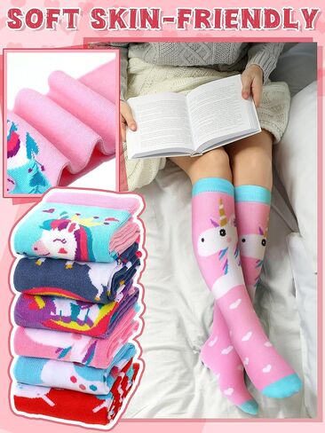 6 Pairs Kids Girls Knee High Socks Cotton Unicorn Crew Cute Animal Pattern Long Tube Socks for 3-12 Years in Saudi Arabia