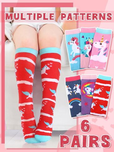 6 Pairs Kids Girls Knee High Socks Cotton Unicorn Crew Cute Animal Pattern Long Tube Socks for 3-12 Years in Saudi Arabia