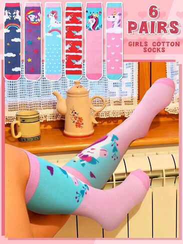 6 Pairs Kids Girls Knee High Socks Cotton Unicorn Crew Cute Animal Pattern Long Tube Socks for 3-12 Years in Saudi Arabia