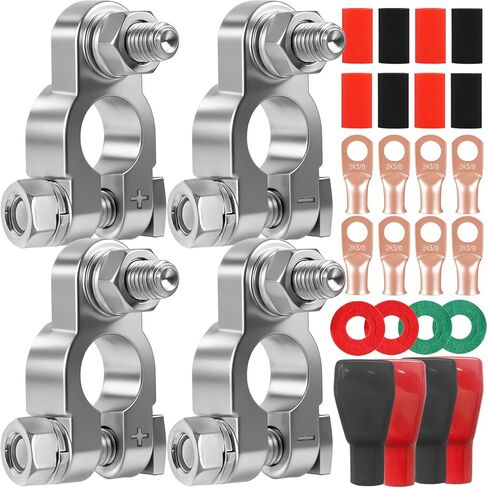 Battery Terminal Connectors,Military Spec Positive Negative Heavy Duty Battery Terminals with 4 pcs 2 Gauge 3/8" Copper Lugs,4 Heatshrink,2 Cover and Anti Corrosion Washers,14pcs in Kuwait