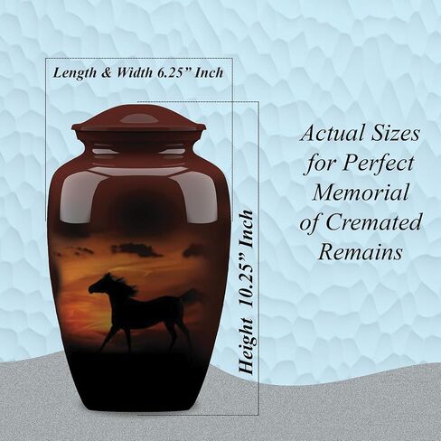 جرة جنازة صغيرة من Forever URNS مع موضوع حصان الجري المطبوع للرماد البشري للإناث والذكور | 3 متر مكعب في | صغير | بني | مصنوع يدويًا بالكامل مع صندوق حماية مخملي in Kuwait