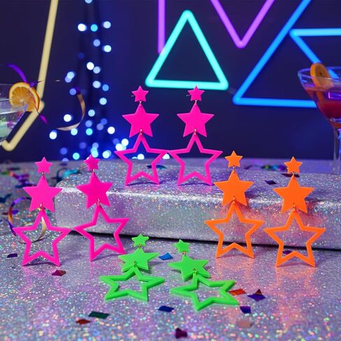 Hicarer 3 زوج 80s 90s أقراط نيون للنساء حلق الفلورسنت إكسسوارات مجوهرات Accrylic Drop for Glow Party Outfit (ألوان التدرج ، نمط البرق) in Kuwait