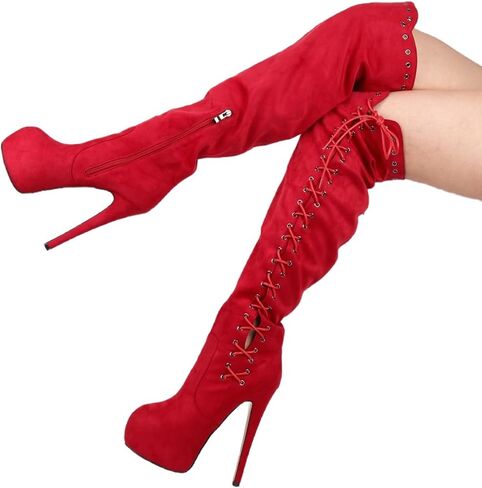 Women's Lace Up Strappy Boots Side Zipper Stilettos Platform Over the Knee High Boots in Saudi Arabia