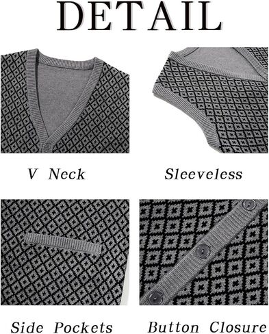 Runcati Mens Sleeveless Sweater Vest V Neck Button Down Cardigan Sweaters Knitted Argyle Vest with Pocket in Kuwait