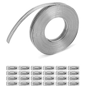 مجموعة مشابك أنابيب معدنية كبيرة من QWORK - حزام من الفولاذ المقاوم للصدأ 304، حزام بطول 32.8 قدم مع 24 مشبك أقوى للتركيب الآمن، مقاوم للتآكل، مقاوم للماء، مع تصميم حافة ناعمة in Kuwait