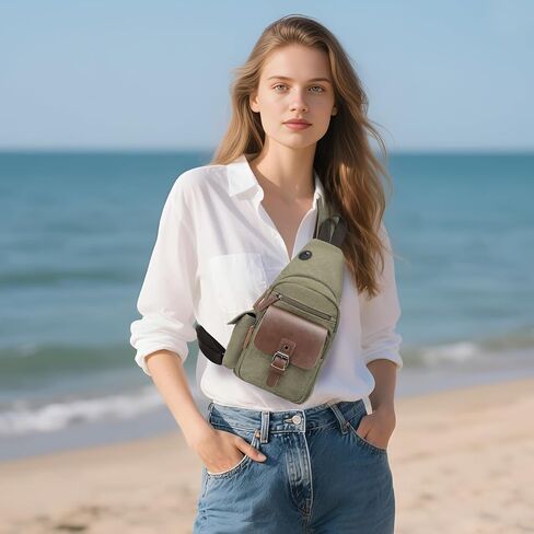 Canvas Sling Bag for Women Men, Crossbody Backpack Vintage Convertible, Rucksack Shoulder Bag W/Leather Accents for Outdoor Cycling Hiking Travel, Khaki in Kuwait