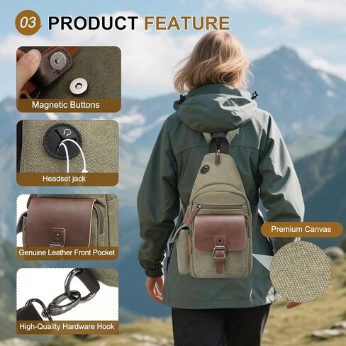 Canvas Sling Bag for Women Men, Crossbody Backpack Vintage Convertible, Rucksack Shoulder Bag W/Leather Accents for Outdoor Cycling Hiking Travel, Khaki in Kuwait