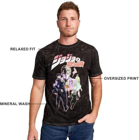 JoJo's Bizarre Adventure Group Shot Logo Text Adult Black Mineral Wash Crew Neck Short Sleeve T-Shirt in Saudi Arabia