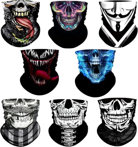 M-YOUNG 8 Pack Neck Gaiter Skull Motorcycle Face Mask for Men Women Face Cover Mask Head Wrap Balaclava Headwear in Kuwait