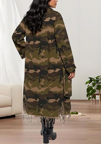 Vakkest Women's Camo Long Trench Coat Long Sleeve Classic Lapel Button Distressed Army Fatigue Jacket Overcoat with Belt in Saudi Arabia