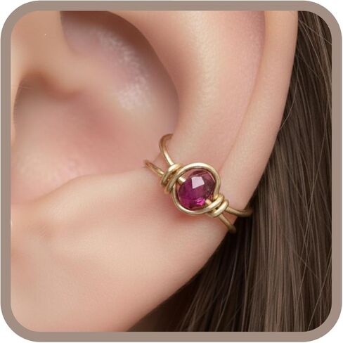 14K مملوءة بالذهب Ruby Gemstone Huggie Clip on Ear Cuff - لا حاجة إلى ثقب - يوليو Birthstone in Kuwait