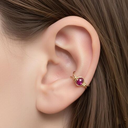 14K مملوءة بالذهب Ruby Gemstone Huggie Clip on Ear Cuff - لا حاجة إلى ثقب - يوليو Birthstone in Kuwait