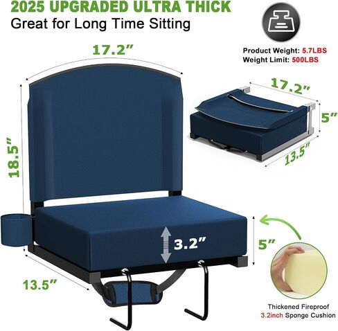 Stadium Seats with Back Support, New Portable Seat for Bleachers Hold up 400lbs, Wide Bleacher Seat with Shoulder Strap & Handle Perfect for Sports Events (Black, 1pcs) in Kuwait
