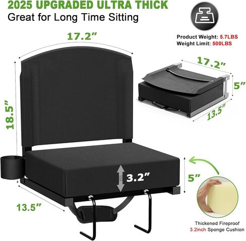 Stadium Seats with Back Support, New Portable Seat for Bleachers Hold up 400lbs, Wide Bleacher Seat with Shoulder Strap & Handle Perfect for Sports Events (Black, 1pcs) in Kuwait