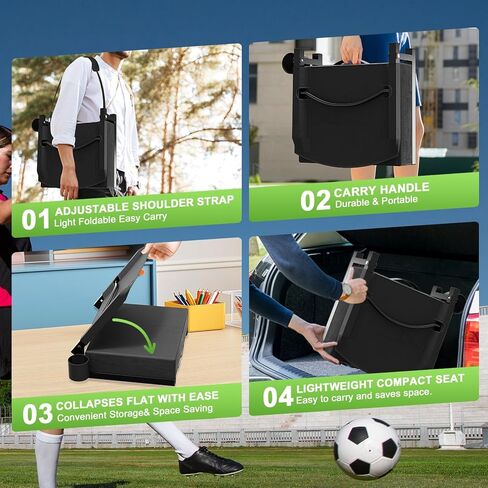 Stadium Seats with Back Support, New Portable Seat for Bleachers Hold up 400lbs, Wide Bleacher Seat with Shoulder Strap & Handle Perfect for Sports Events (Black, 1pcs) in Kuwait