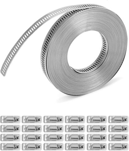 مجموعة مشابك أنابيب معدنية كبيرة من QWORK - حزام من الفولاذ المقاوم للصدأ 304، حزام بطول 32.8 قدم مع 24 مشبك أقوى للتركيب الآمن، مقاوم للتآكل، مقاوم للماء، مع تصميم حافة ناعمة in Kuwait