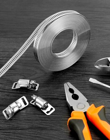 مجموعة مشابك أنابيب معدنية كبيرة من QWORK - حزام من الفولاذ المقاوم للصدأ 304، حزام بطول 32.8 قدم مع 24 مشبك أقوى للتركيب الآمن، مقاوم للتآكل، مقاوم للماء، مع تصميم حافة ناعمة in Kuwait