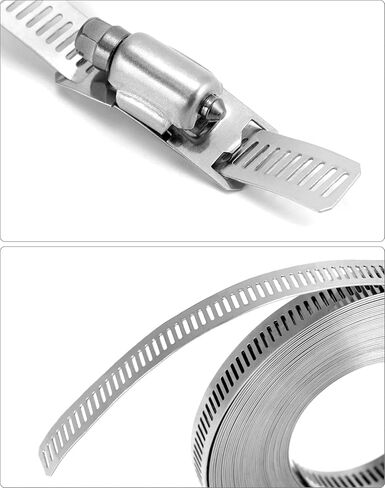 مجموعة مشابك أنابيب معدنية كبيرة من QWORK - حزام من الفولاذ المقاوم للصدأ 304، حزام بطول 32.8 قدم مع 24 مشبك أقوى للتركيب الآمن، مقاوم للتآكل، مقاوم للماء، مع تصميم حافة ناعمة in Kuwait